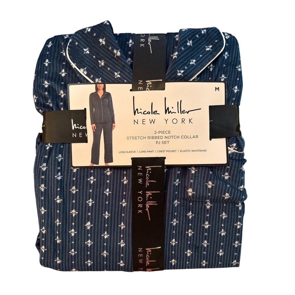 Nicole Miller New York PJ Set Ribbed Notch Collar Blue Star Print Women's M NWT